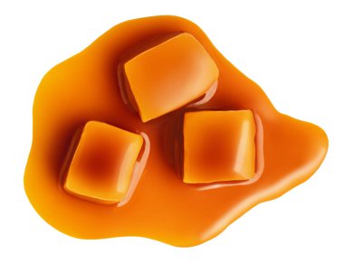 Karamelli şekerler izole edilmiş. Sütlü karamel karamel soslu karamel şekerlemeleri beyaz arka planda. Üst Manzara. Düz yatıyordu