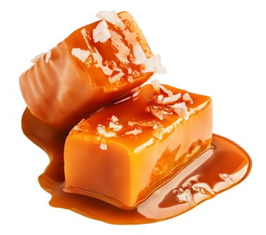 Tuzlu karamel şekerlemesi izole edilmiş. Karamelli karamel soslu tuzlu karamel şekerleri ve beyaz arka planda tuz kristalleri..