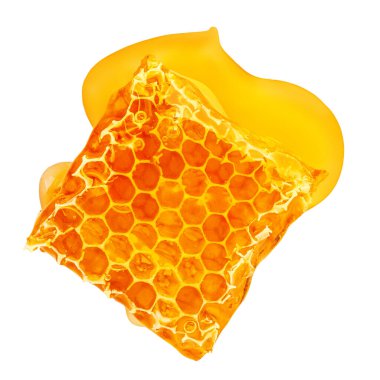 Beyaz zemin üzerinde bal pekmezi akan bal peteği. Honey Flat yatıyordu. Üst Manzara. Tatlı Gıda konsepti. Yaratıcı layou