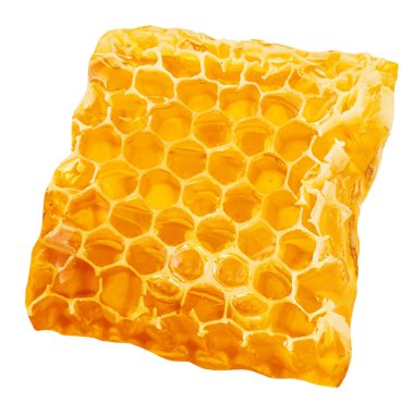 Beyaz zemin üzerinde bal pekmezi akan bal peteği. Honey Flat yatıyordu. Üst Manzara. Tatlı Gıda konsepti. Yaratıcı layou