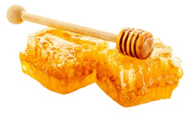 Beyazda izole edilmiş organik bal. Bal, dipper ve bal peteği - sağlıklı besin maddeleri