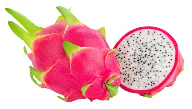 Pitaya izole edildi. Ejderha meyvesi ya da pitahaya ve beyaz arka planda yarım meyve. Ejder Meyvesi Paketi Tasarım Elemanı