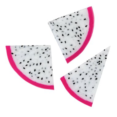 Dilimlenmiş olgun ejderha meyveleri ya da beyaz arka planda izole edilmiş havadaki pitahaya parçaları. Üst Manzara. Düz yatıyordu. Ejderha Meyvesi deseni. Paket tasarım elementi