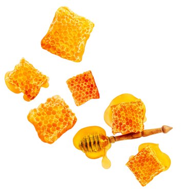 Honeycomb explosion isolated on white. Falling Sweet Honeycomb pieces. Levitating honey combs in the air. Craeative layout made of hone clipart