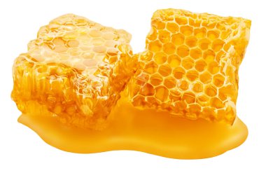 Akan bal şurubuyla yalıtılmış bal peteği. Beyaz arka planda bal petekleri. Düz yatıyordu. Üst Manzara. Paket tasarım ögesi