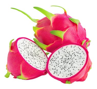 Pitaya izole edildi. Beyaz arka planda ejderha meyvesi. Tropik meyveli Papaya yakın çekim. Paket tasarım elemanı. Üst Manzara. Düz yatıyordu.