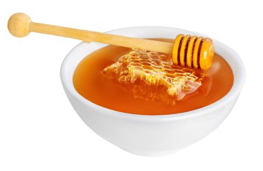 Bal küpü izole edildi. Tahta kaplama ve bal peteği olan beyaz kase.. 