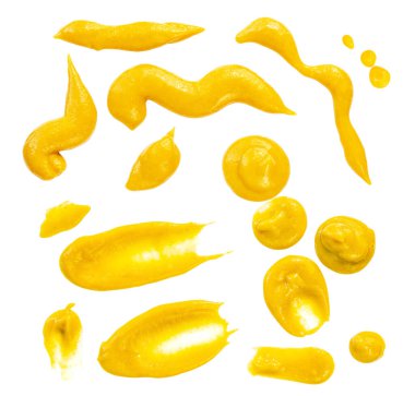 Beyaza izole edilmiş sarı hardal sosu. Taze ballı hardal, zigzac lekeleri, Toplama Üst Manzarası. Düz yatıyordu. Paket tasarım elementi