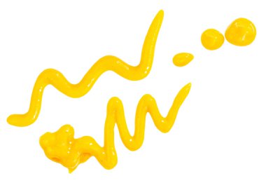 Beyaza izole edilmiş sarı hardal sosu. Taze ballı hardal, zigzag lekeleri, koleksiyon üst görüntüsü. Düz yatıyordu. Paket tasarım elementi