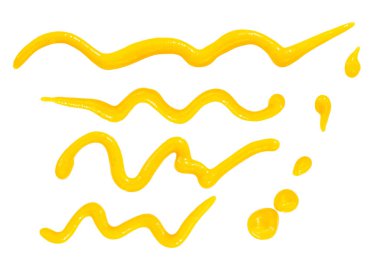 Beyaza izole edilmiş sarı hardal sosu. Taze ballı hardal, zigzag lekeleri, koleksiyon üst görüntüsü. Düz yatıyordu. Paket tasarım elementi