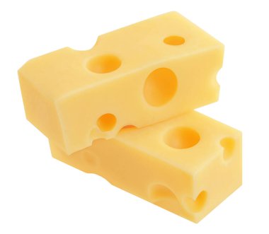 Emmental peynir küpleri izole edilmiş. Beyaz arka planda İsviçre usulü maasdam peynir yığını.. 