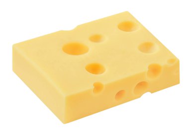 Emmental peynir bloğu izole edildi. Beyaz arka planda İsviçre peyniri. Yakın plan..