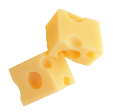 Uçan Emmental peynir küpleri beyaz arka planda izole edilmiş. Masdam peyniri parçaları dökülüyor. Üst görünüm.