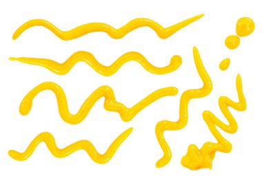 Beyaza izole edilmiş sarı hardal sosu. Taze ballı hardal, zigzac lekeleri, Toplama Üst Manzarası. Düz yatıyordu. Paket tasarım elementi