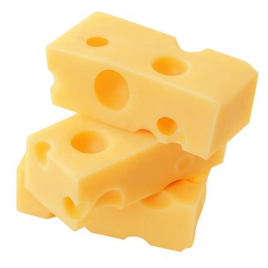 Emmental peynir küpleri izole edilmiş. Beyaz arka planda İsviçre Holey Maasdam peynir yığını. 