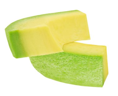 Avokado dilimi beyaza izole edilmiş. Organik Avokado parçası düşüyor. Avokado parçacıkları uçuyor. Gıda Paketi tasarım elementi