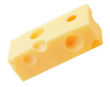 Emmental peynir küpleri izole edilmiş. Beyaz arka planda İsviçre usulü peynirli turtalar. 