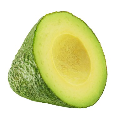 Avokado dilimi beyaza izole edilmiş. Organik Avokado parçası düşüyor. Avokado parçacıkları uçuyor. Gıda Paketi tasarım elementi