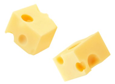 Uçan peynir parçaları beyaza izole edilmiş. Uçan maasdam peynir küpleri. Holey Chese Patlaması. Üst Manzara. Düz yatıyordu. Paket tasarım elemanı. Yaratıcı layou