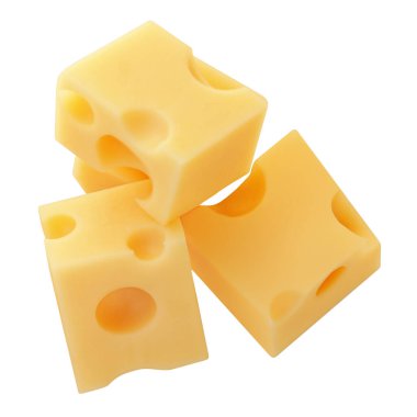 Uçan peynir parçaları beyaza izole edilmiş. Uçan maasdam peynir küpleri. Holey Chese Patlaması. Üst Manzara. Düz yatıyordu. Paket tasarım elemanı. Yaratıcı layou