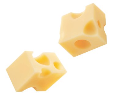 Uçan Peynir parçası beyaza izole edilmiş. Uçan peynir küpleri. Holey Peynir Patlaması. Üst Manzara. Düz yatıyordu. 