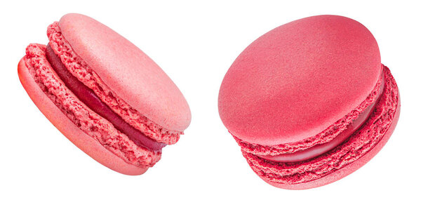 Flying macaroons isolated on white background. Levitating sweet  French  macarons cake or macaroon cookie