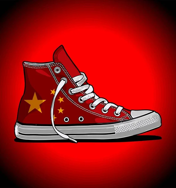 Chinese Vlag Patroon Sneakers Blauwe Achtergrond — Stockvector
