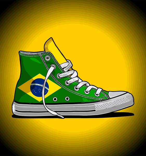 Brazilské Vlajky Vzor Tenisky Zeleném Pozadí — Stockový vektor