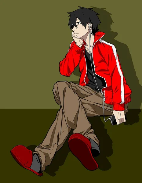 Anime Chlapec Sedící Vektorové Šablony — Stockový vektor