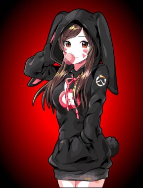  Kapüşonlu bir vektör şablonu giyen anime kız.