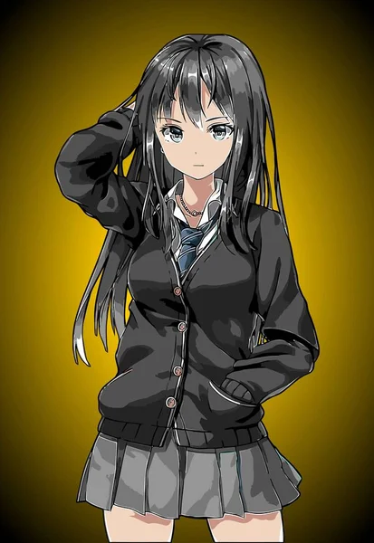 Anime Chica Usando Negro Chaqueta Vector Plantilla — Vector de stock