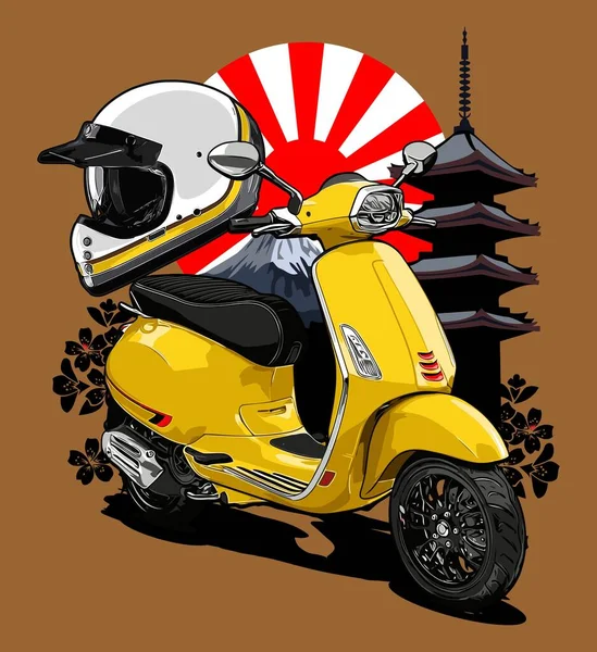 Scooter Automático Fundo Pagode Sol Japonês —  Vetores de Stock