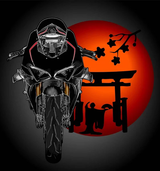 Sepeda Motor Olahraga Hitam Dalam Seni Jepang - Stok Vektor