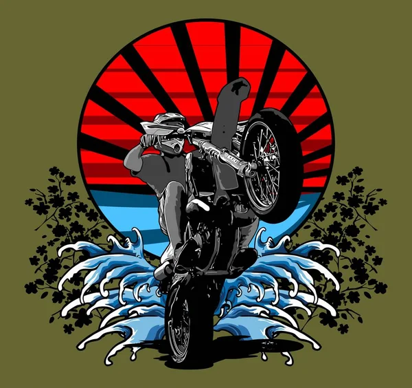 Wheelie Moto Avec Une Touche Art Japonais — Image vectorielle