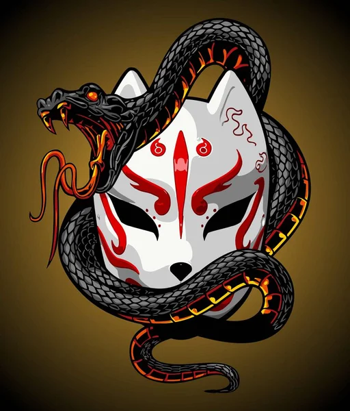Serpente Avvolto Giapponese Arte Maschera — Vettoriale Stock