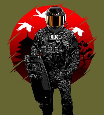  Çevik kuvvet kask vektör şablonu takıyor