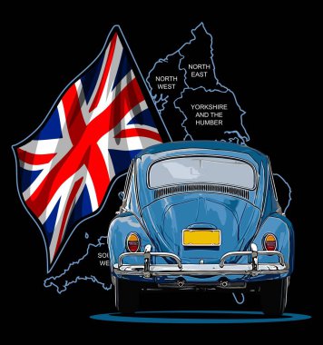  Adadaki klasik araba ve İngiliz bayrağı