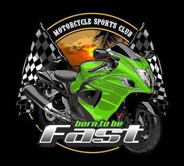  1.340 cc motosiklet yan görünümü plaj arka planı ve yarış bayrağı.