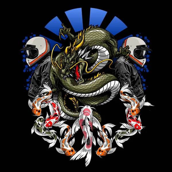 Serpent Dragon Vert Poissons Koï Sur Fond Motard — Image vectorielle