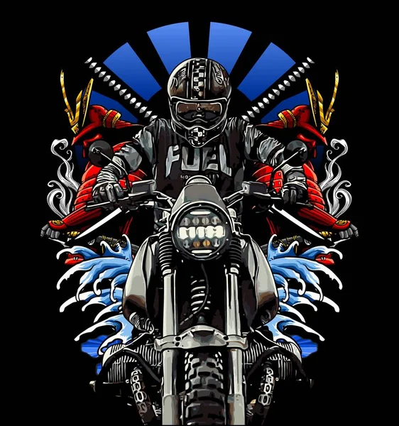 Schwarzes Tourenmotorrad Mit Wellen Und Samurai Hintergrund — Stockvektor