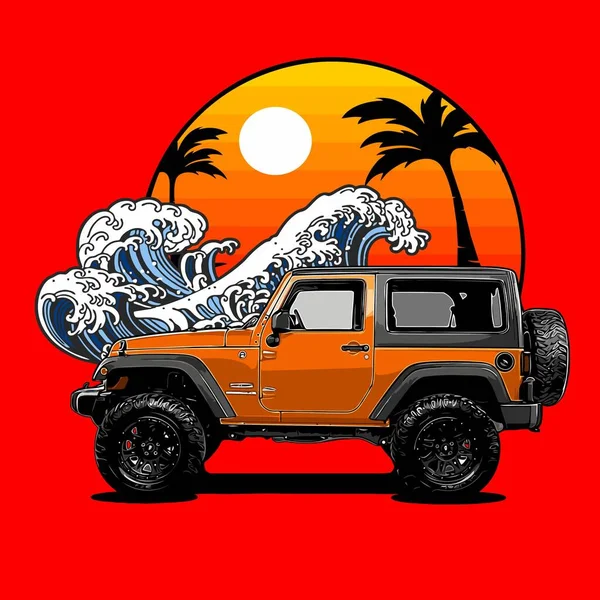 带有波浪和日落背景的橙色越野车 — 图库矢量图片