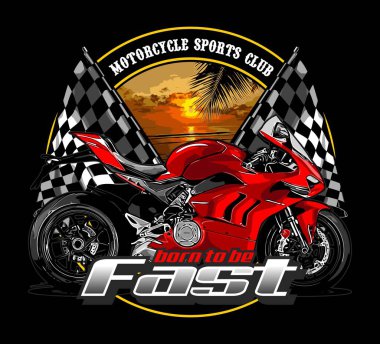 1.103 cc motosiklet kırmızı plaj arka planı ve yarış bayrağı.