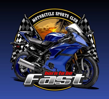 plaj arka planı mavi motosiklet ve yarış bayrağı