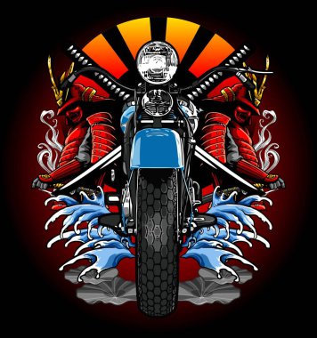  Dalgalı ve samuray arkaplanlı klasik mavi motosiklet.