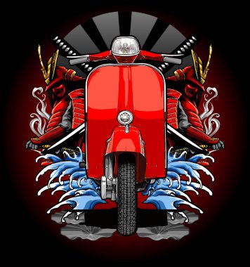 Kırmızı renkli scooter klasiği, dalga ve samuray arkaplanı.