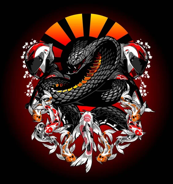 Fekete Kobra Kígyó Koi Hal Motoros Háttérrel — Stock Vector
