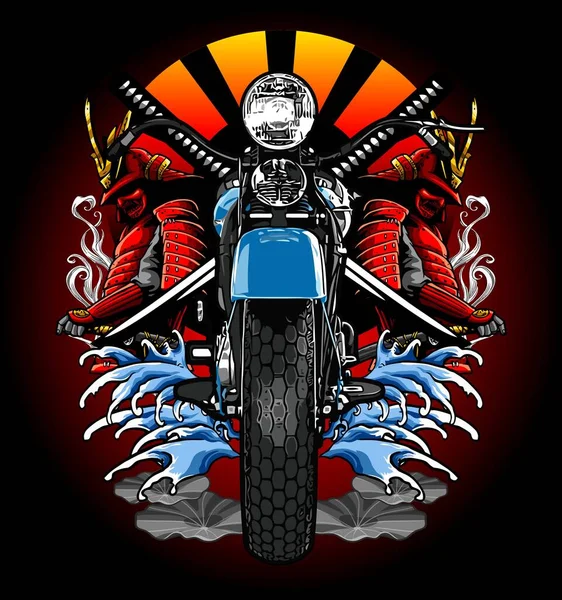 Классический Синий Мотоцикл Волнами Самурайским Фоном — стоковый вектор
