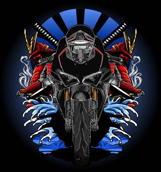 波と武士の背景を持つ黒スポーツバイク — ストックベクタ