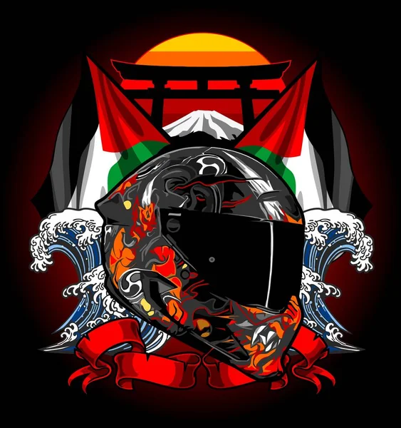 全脸头盔前视图与波浪和巴勒斯坦国旗背景 — 图库矢量图片