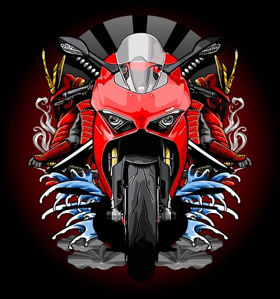 Moto Sportiva Rossa Con Onde Sfondo Samurai — Vettoriale Stock